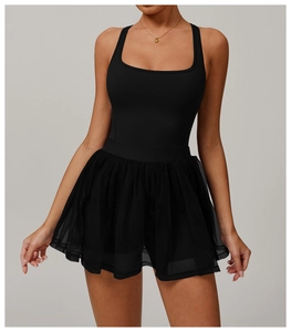 Detail of the square neck sleeveless bodysuit with layered black mesh tulle tutu skirt