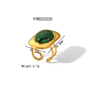 Gold stainless steel ring with oval green malachite stone and detailed dimensions