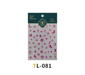 Macro detail of TL-081 5D embossed nail stickers with laser stars and unicorn motifs