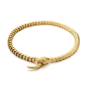 Vintage golden stainless steel snake necklace with detailed scale engraving for men