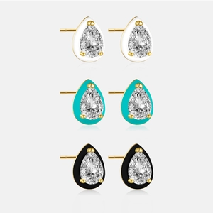 925 Sterling Silver Pear Shape Zirconia Stud Earrings With Enamel Teardrop Earrings For Women Fashion Minimalist Jewelry