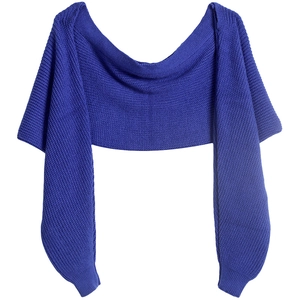 Detailed macro shot of blue knitted texture on this off-shoulder sleeve scarf top