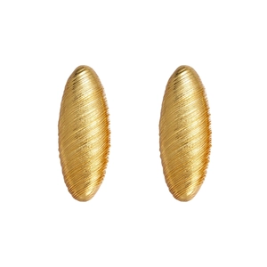 Brushed golden oval geometric stud earrings with elegant metallic texture on white background
