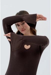 Detail of heart-shaped cutout and flared sleeves on a dark brown ribbed knit dress