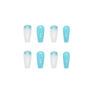 Long coffin press-on nails featuring light blue gloss and white blue glitter gradient
