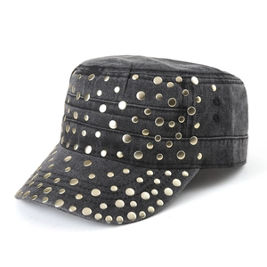 Faded black denim flat top military cap with golden metal studs and breathable holes