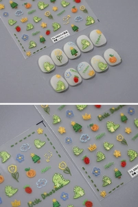 Detail of 3D embossed dinosaur nail stickers with embroidery texture and floral patterns