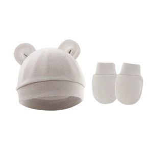 Detail of infant beanie with round ears and matching anti-scratch mittens in soft grey