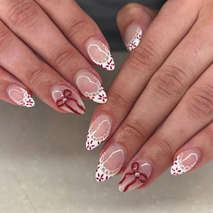 3D Red Bow Press On Nails Short Almond Shape False Nails White Lace Design Elegant French Style Artificial Fingernails