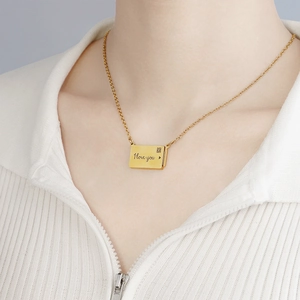 Gold envelope pendant necklace for women with I love you engraving on delicate link chain