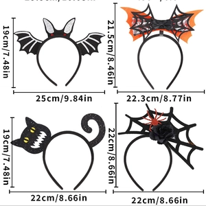 Detailed size specifications for Halloween headbands with bat, cat, and spider designs