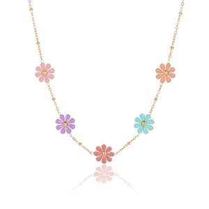 18K gold plated stainless steel necklace featuring five colorful enamel daisy charms