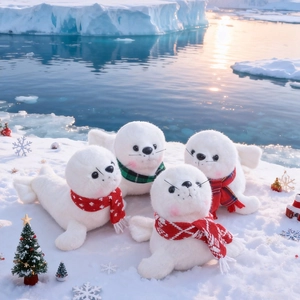 Lot de quatre peluches otaries blanches avec écharpes colorées sur glace polaire