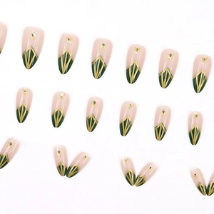 Olive green and gold line diamond pattern long almond press-on nails set with 24 pieces