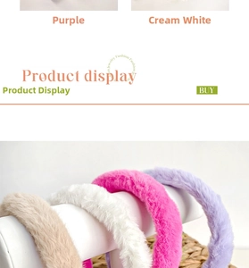 Detail showing plush faux rabbit fur headbands in purple and cream white colors