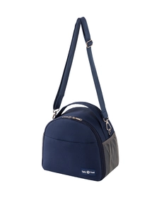 Detail of blue insulated lunch bag featuring adjustable shoulder strap and side mesh pocket