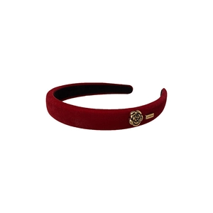 French vintage dark red velvet headband with gold camellia and metal brand tag