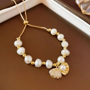 Natural Freshwater Pearl Bracelet Gold Plated Copper Zircon Shell Cat Pendant Adjustable Slider Jewelry For Women