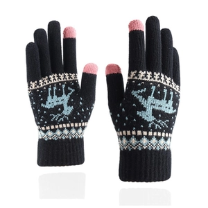 Black knit thermal touchscreen gloves featuring blue reindeer and snowflake patterns