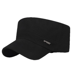 Modische schwarze Flatcap für Herren aus Baumwoll-Canvas mit silbernem SPORT-Metallemblem