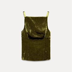 Elegant olive green velvet camisole top with minimalist straight neckline on white background