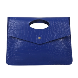 Minimalist sapphire blue crocodile embossed envelope tote bag with gold snap closure