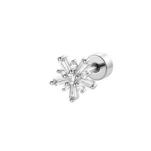 Silver snowflake cartilage earring with sparkling zircon stones on white background