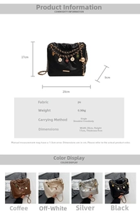 Detail specifications for quilted bucket bag including PU material and metal chain strap