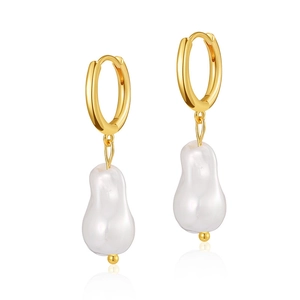 Elegant 18K gold plated brass hoop earrings with natural baroque pearl drops for women