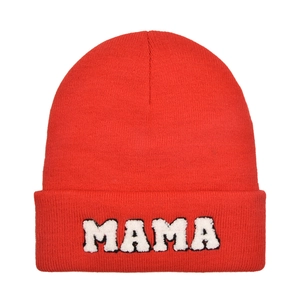Solid red knit beanie featuring a white textured MAMA letter patch for women outdoor warmth