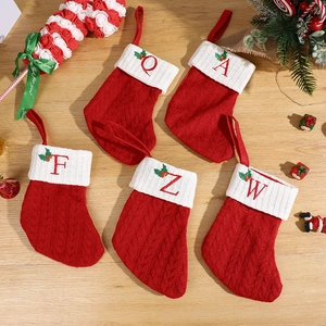 Christmas Knitted Stocking With Alphabet Embroidery Red White Xmas Tree Hanging Ornament Personalized Initial Knit Sock