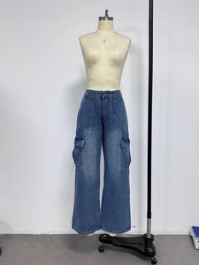 Mid-blue washed cargo jeans with multiple pockets and wide-leg straight-fit design