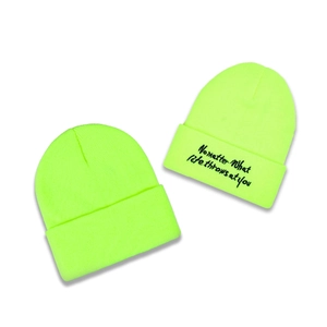 Neon green knit beanie featuring No Matter What life throws at you embroidery
