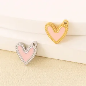 Pendentif Cœur Charme Acier Inoxydable Émail Rose Bordure Perlée Accessoire Bijoux DIY Pour Collier Bracelet