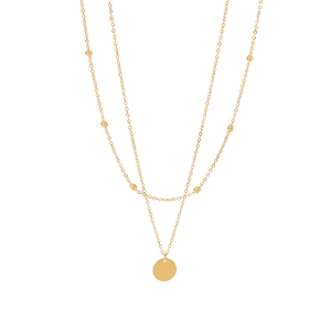 18K gold plated double layer necklace with stainless steel beads and round disc pendant