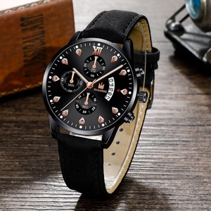 SHAARMS men's business watch with black leather strap and Roman numeral dial on wood background