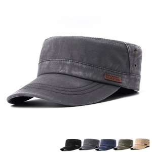 Men's washed cotton flat top military cap with side ventilation holes and leather patch