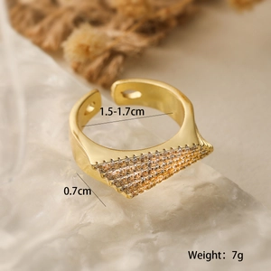 Detail view of gold geometric open ring showing dimensions 1.5-1.7cm and 0.7cm width