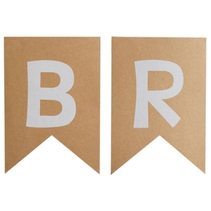 Kraft paper birthday banner with white letters B and R on fishtail swallowtail flags