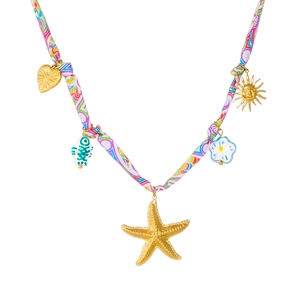 Collier en tissu coloré avec étoile de mer dorée et pendentifs en céramique