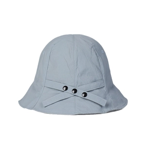 Elegant light blue quick-dry bucket hat with decorative straps and black buttons