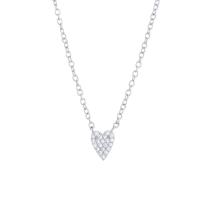 Macro shot of silver heart pendant necklace featuring sparkling pavé cubic zirconia