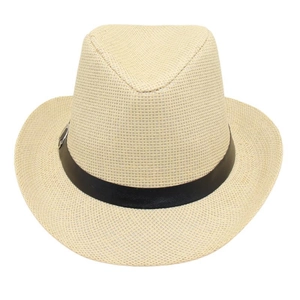Detailed shot of beige straw jazz hat featuring black ribbon and metal buckle ornament