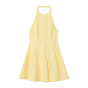 Pale yellow halter neck sleeveless dress with elegant pleated wave hem on white background