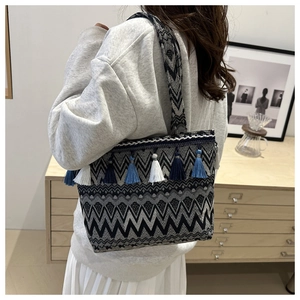 Detail of bohemian woven tote bag showing blue tassels and geometric knit patterns