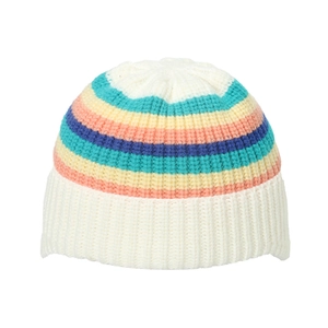Rainbow striped knit beanie for kids featuring a thick ribbed cuff and colorful patterns