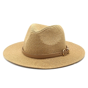 Chapeau de soleil Panama classique en paille avec bande en cuir brun et boucle