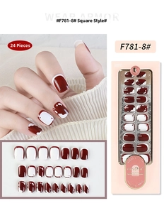 Detailed set of 24 square press-on nails with dark burgundy and cow print patterns