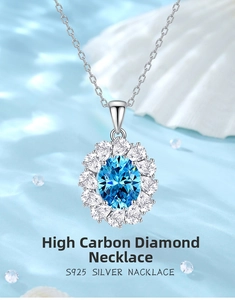 Macro shot of S925 silver necklace with oval blue stone in sunflower diamond setting