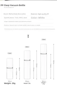 Detailed size chart for 15ml, 30ml, and 50ml white PP airless pump travel bottles